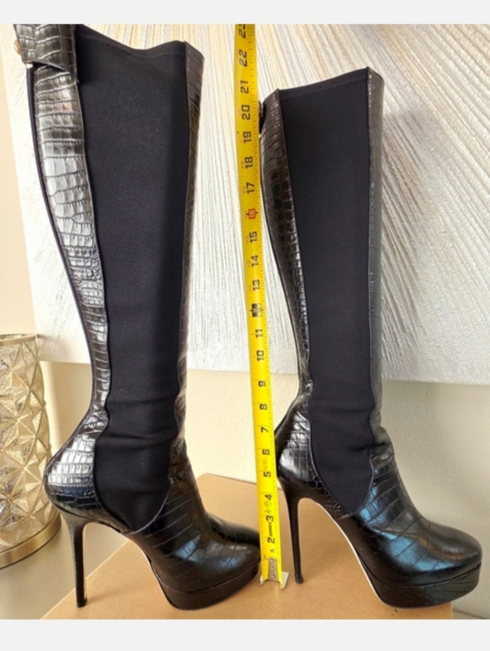 Jimmy Choo Black Croc-Embossed Knee-High Heeled Boots with Stretch Panels US 8 - Picture 16 of 16
